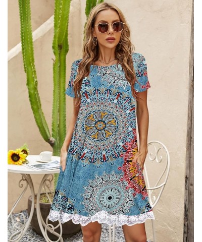 Womens Summer Casual Tshirt Dress Loose Lace Hem Short Sleeve Beach Sundresses with Pockets 01-floral Blue $16.75 Dresses