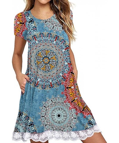 Womens Summer Casual Tshirt Dress Loose Lace Hem Short Sleeve Beach Sundresses with Pockets 01-floral Blue $16.75 Dresses