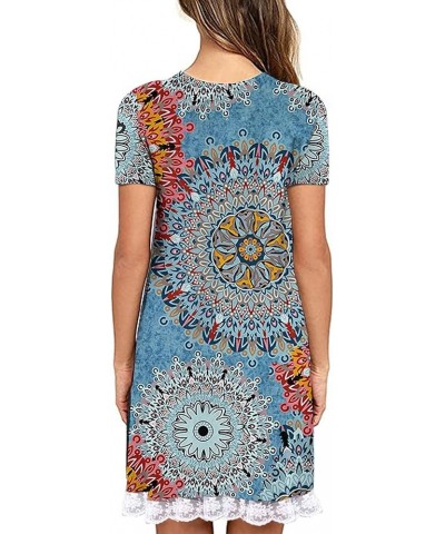 Womens Summer Casual Tshirt Dress Loose Lace Hem Short Sleeve Beach Sundresses with Pockets 01-floral Blue $16.75 Dresses