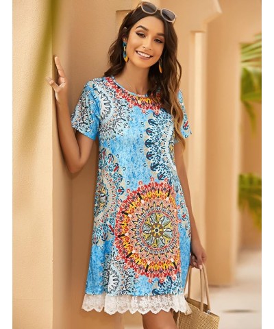 Womens Summer Casual Tshirt Dress Loose Lace Hem Short Sleeve Beach Sundresses with Pockets 01-floral Blue $16.75 Dresses