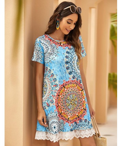 Womens Summer Casual Tshirt Dress Loose Lace Hem Short Sleeve Beach Sundresses with Pockets 01-floral Blue $16.75 Dresses