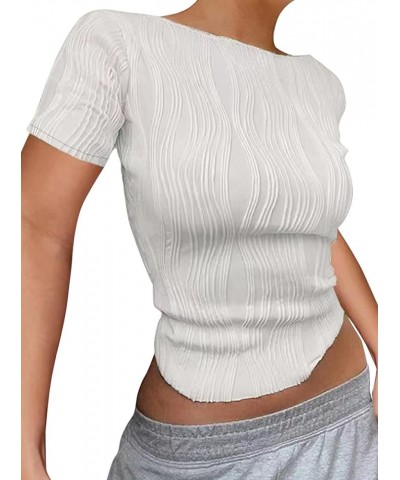 Women's Textured Long Sleeve Crop Top Crew Neck Slim Fit T Shirts Z-white $10.00 T-Shirts