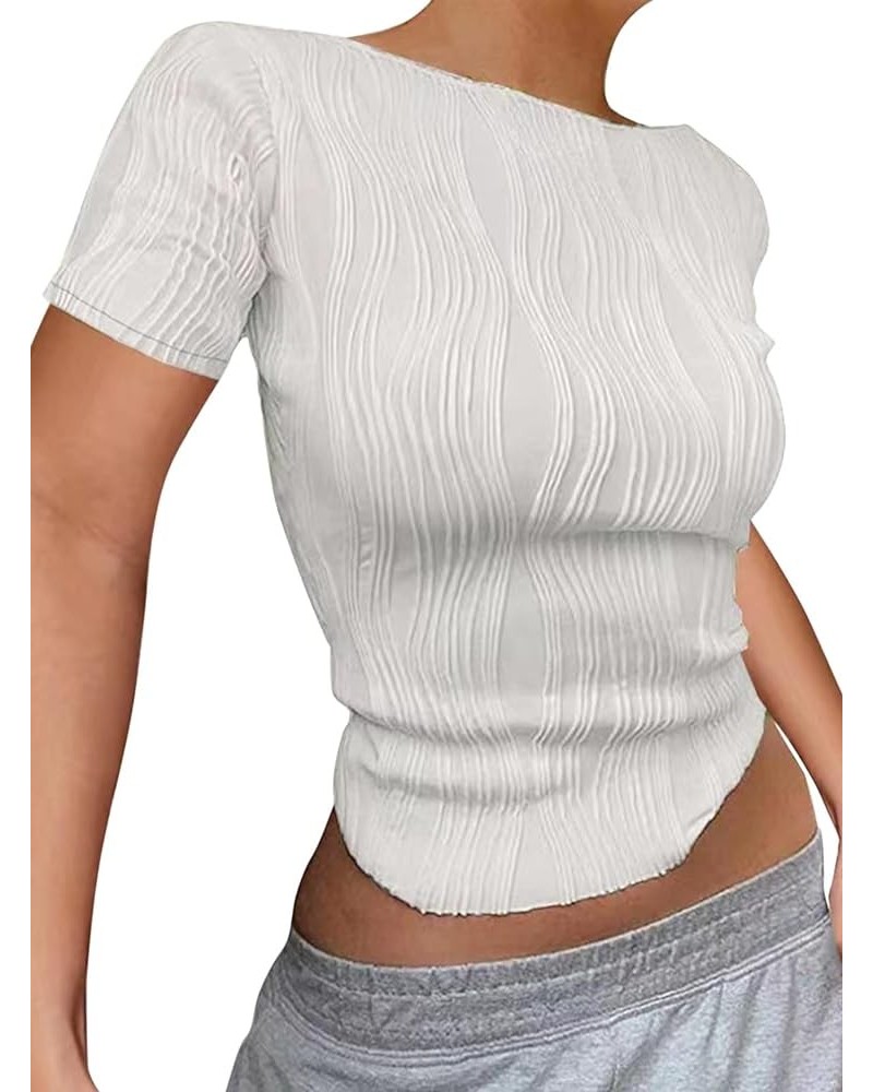 Women's Textured Long Sleeve Crop Top Crew Neck Slim Fit T Shirts Z-white $10.00 T-Shirts