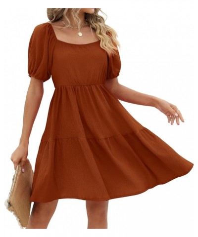 Womens Dresses Square Neck Puff Sleeve Casual Loose Spring A-Line Dresses 08-brown $18.49 Dresses