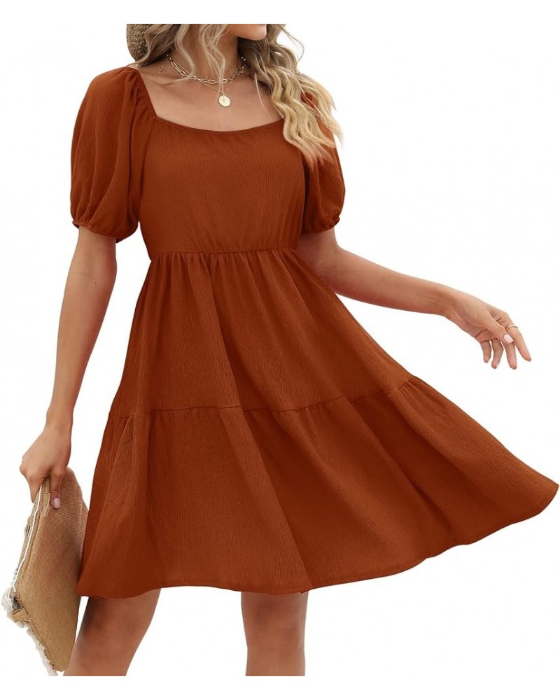 Womens Dresses Square Neck Puff Sleeve Casual Loose Spring A-Line Dresses 08-brown $18.49 Dresses