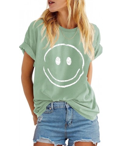 Womens Summer Cute Smile Face Graphic T-Shirts Trendy Vintage Casual Loose Short Sleeve Tee Shirts 7 Light Green $15.00 T-Shirts