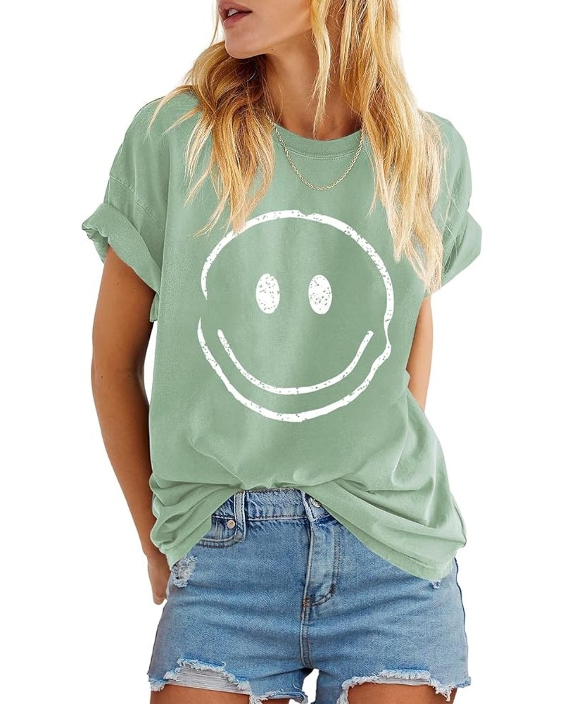 Womens Summer Cute Smile Face Graphic T-Shirts Trendy Vintage Casual Loose Short Sleeve Tee Shirts 7 Light Green $15.00 T-Shirts