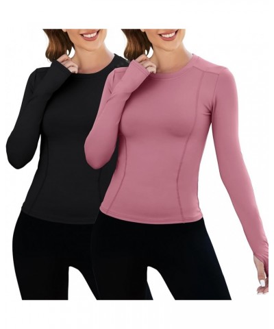 Women Workout Shirts 1/2/3 Pack Athletic Compression Tee Dry Fit Yoga Gym Basic Tops B1_2 Pack_black&grey-pink_long Sleeve $1...