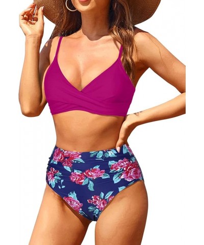 Women Two Piece High Waisted Bikini Set Tummy Control Bathing Suit Full Coverage Swimsuit Pink Blue Floral $15.80 Swimsuits