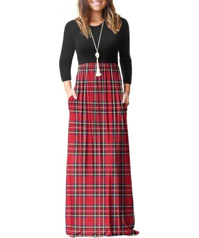 Women's Long Sleeve Loose Plain Maxi Dresses Casual Long Dresses with Pockets Red Lattice Print $23.93 Dresses