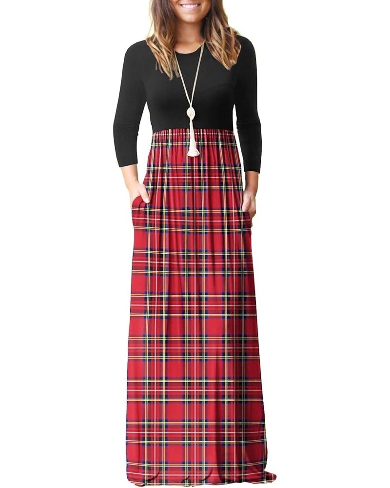 Women's Long Sleeve Loose Plain Maxi Dresses Casual Long Dresses with Pockets Red Lattice Print $23.93 Dresses