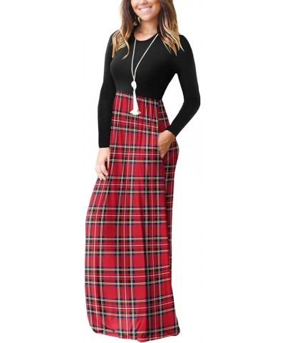 Women's Long Sleeve Loose Plain Maxi Dresses Casual Long Dresses with Pockets Red Lattice Print $23.93 Dresses