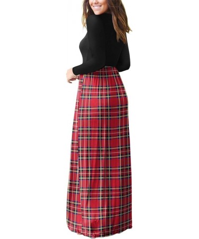 Women's Long Sleeve Loose Plain Maxi Dresses Casual Long Dresses with Pockets Red Lattice Print $23.93 Dresses