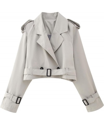 Women's Casual Crop Jacket Long Sleeve Lapel Double Breasted Trench Coat Cropped Jacket with Belt Fall Outwear Light Gray $17...