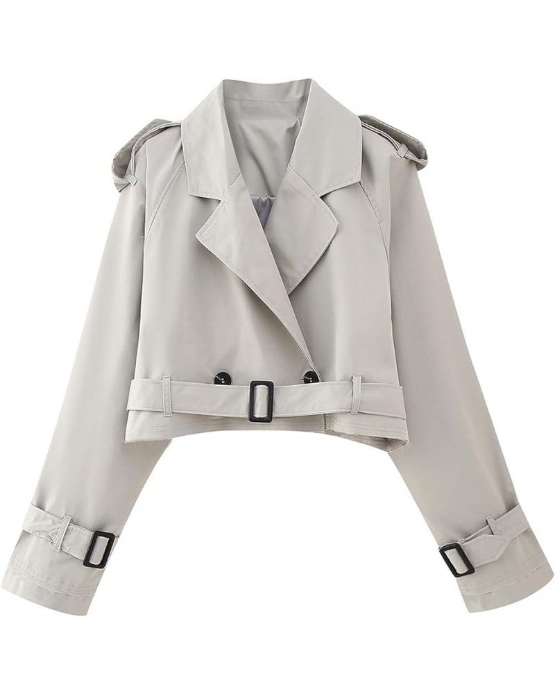 Women's Casual Crop Jacket Long Sleeve Lapel Double Breasted Trench Coat Cropped Jacket with Belt Fall Outwear Light Gray $17...