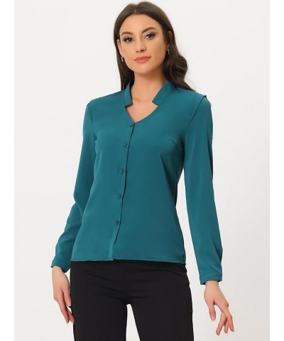 Women's Work Office Blouse Button Up Long Sleeve V Neck Chiffon Shirt Lake Blue $18.69 Blouses