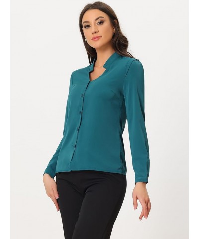 Women's Work Office Blouse Button Up Long Sleeve V Neck Chiffon Shirt Lake Blue $18.69 Blouses