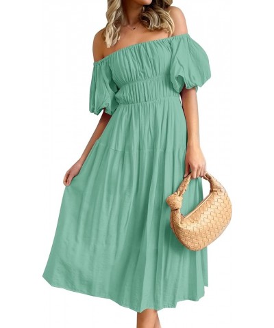 Women's 2024 Sexy Boho Off Shoulder Puff Short Sleeve High Waist Ruffled Flowy A Line Beach Party Midi Dress Sage $29.39 Dresses