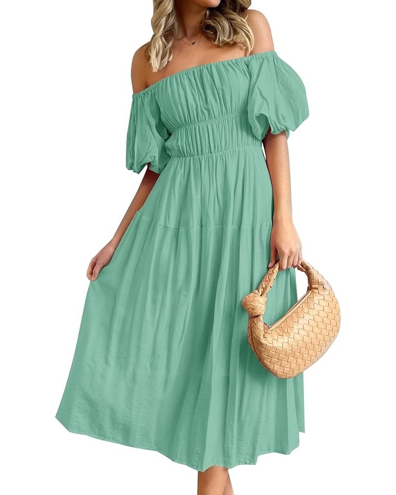 Women's 2024 Sexy Boho Off Shoulder Puff Short Sleeve High Waist Ruffled Flowy A Line Beach Party Midi Dress Sage $29.39 Dresses