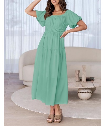 Women's 2024 Sexy Boho Off Shoulder Puff Short Sleeve High Waist Ruffled Flowy A Line Beach Party Midi Dress Sage $29.39 Dresses