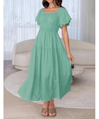 Women's 2024 Sexy Boho Off Shoulder Puff Short Sleeve High Waist Ruffled Flowy A Line Beach Party Midi Dress Sage $29.39 Dresses