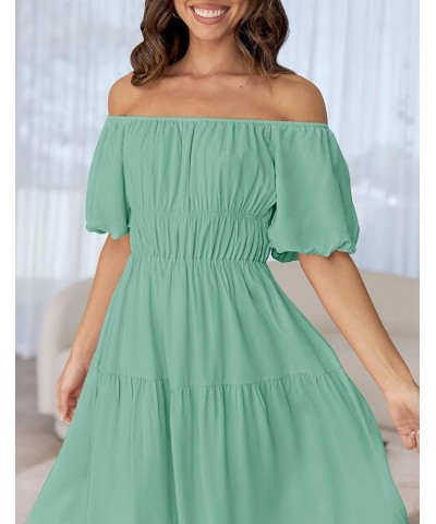 Women's 2024 Sexy Boho Off Shoulder Puff Short Sleeve High Waist Ruffled Flowy A Line Beach Party Midi Dress Sage $29.39 Dresses