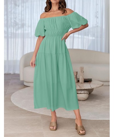 Women's 2024 Sexy Boho Off Shoulder Puff Short Sleeve High Waist Ruffled Flowy A Line Beach Party Midi Dress Sage $29.39 Dresses