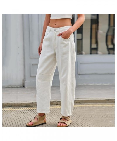 Wide Leg Barrel Jeans for Women,Women's Baggy Jeans Barrel Horseshoe Boyfriend Cropped Raw Hem Denim Pants with Pocket White ...