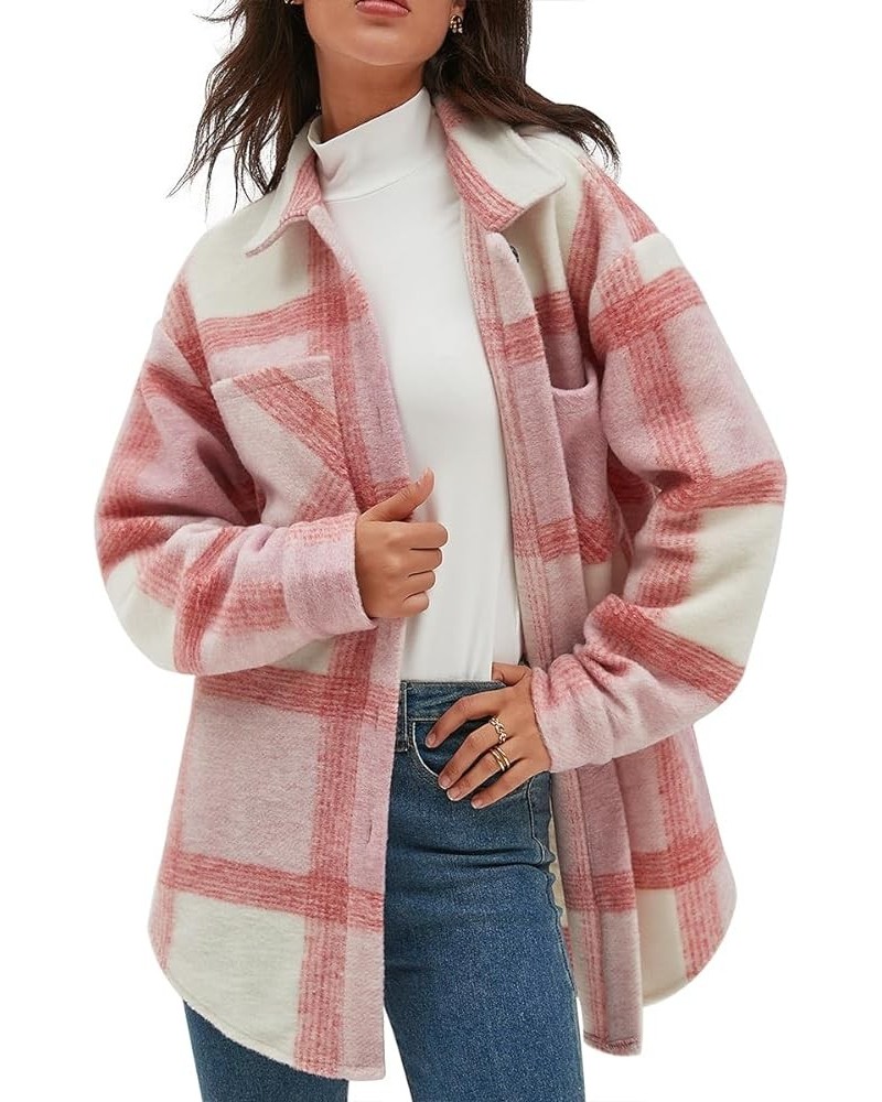 Women's Casual Flannel Plaid Shacket Button Down Long Sleeve Shirt Jacket Coats with Pockets 7120-pink $23.03 Blouses