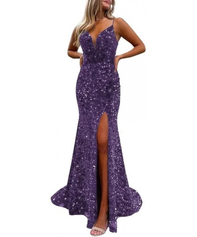 Spaghetti Straps V Neck Sequin Evening Gown Sparkly Prom Dress with Slit Plum $32.00 Dresses