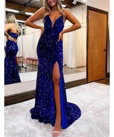 Spaghetti Straps V Neck Sequin Evening Gown Sparkly Prom Dress with Slit Plum $32.00 Dresses