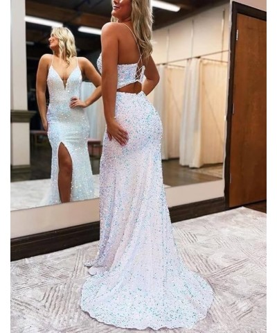 Spaghetti Straps V Neck Sequin Evening Gown Sparkly Prom Dress with Slit Plum $32.00 Dresses