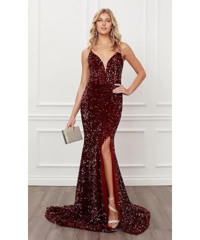 Spaghetti Straps V Neck Sequin Evening Gown Sparkly Prom Dress with Slit Plum $32.00 Dresses