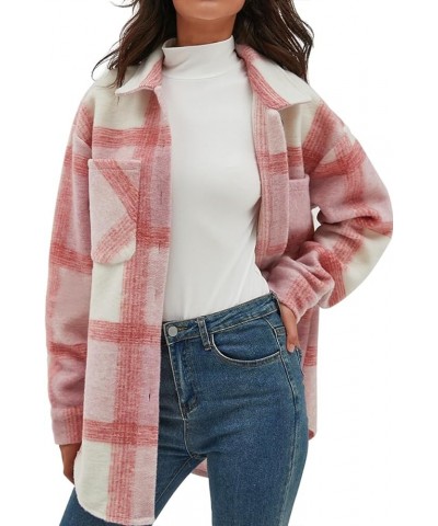 Women's Casual Flannel Plaid Shacket Button Down Long Sleeve Shirt Jacket Coats with Pockets 7120-pink $23.03 Blouses