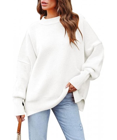 Women's 2023 Fall Casual Oversized Sweater Crewneck Batwing Sleeve Side Slit Ribbed Knit Pullover Tops White $15.94 Sweaters