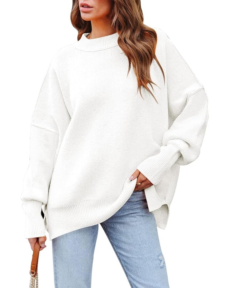 Women's 2023 Fall Casual Oversized Sweater Crewneck Batwing Sleeve Side Slit Ribbed Knit Pullover Tops White $15.94 Sweaters