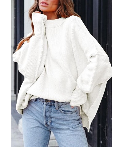 Women's 2023 Fall Casual Oversized Sweater Crewneck Batwing Sleeve Side Slit Ribbed Knit Pullover Tops White $15.94 Sweaters