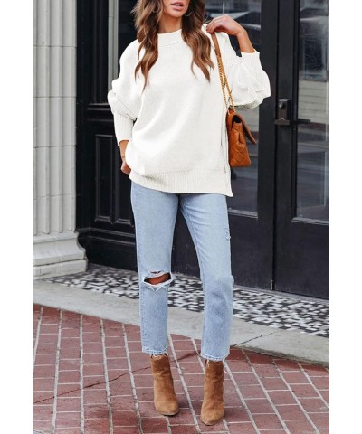 Women's 2023 Fall Casual Oversized Sweater Crewneck Batwing Sleeve Side Slit Ribbed Knit Pullover Tops White $15.94 Sweaters