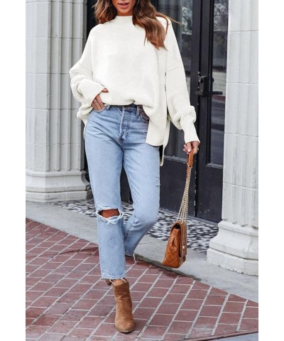 Women's 2023 Fall Casual Oversized Sweater Crewneck Batwing Sleeve Side Slit Ribbed Knit Pullover Tops White $15.94 Sweaters