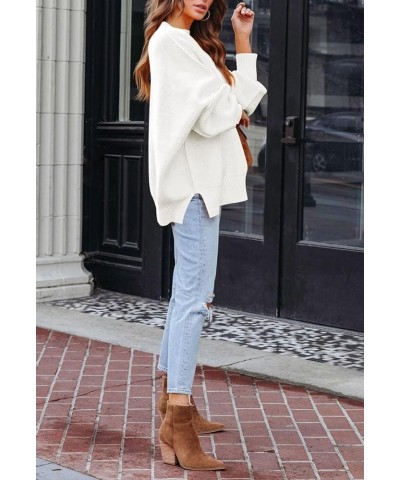 Women's 2023 Fall Casual Oversized Sweater Crewneck Batwing Sleeve Side Slit Ribbed Knit Pullover Tops White $15.94 Sweaters