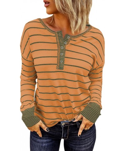 Womens Long Sleeve Tops Cute Waffle Knit Striped Casual Button Up Tunic Shirts B Orange $14.09 Tops