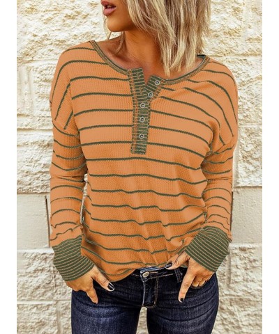 Womens Long Sleeve Tops Cute Waffle Knit Striped Casual Button Up Tunic Shirts B Orange $14.09 Tops