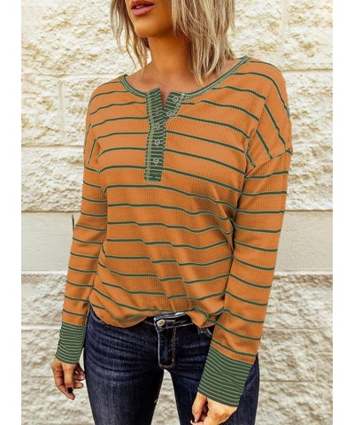 Womens Long Sleeve Tops Cute Waffle Knit Striped Casual Button Up Tunic Shirts B Orange $14.09 Tops