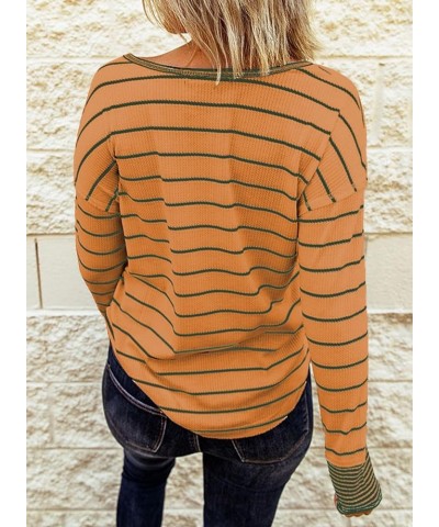 Womens Long Sleeve Tops Cute Waffle Knit Striped Casual Button Up Tunic Shirts B Orange $14.09 Tops