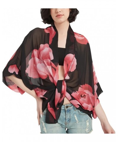 Women's Loose Print Sheer Chiffon Kimono Beach Swim Cover up Cardigan Capes Blouse Tops Black Pink Floral $11.79 Swimsuits