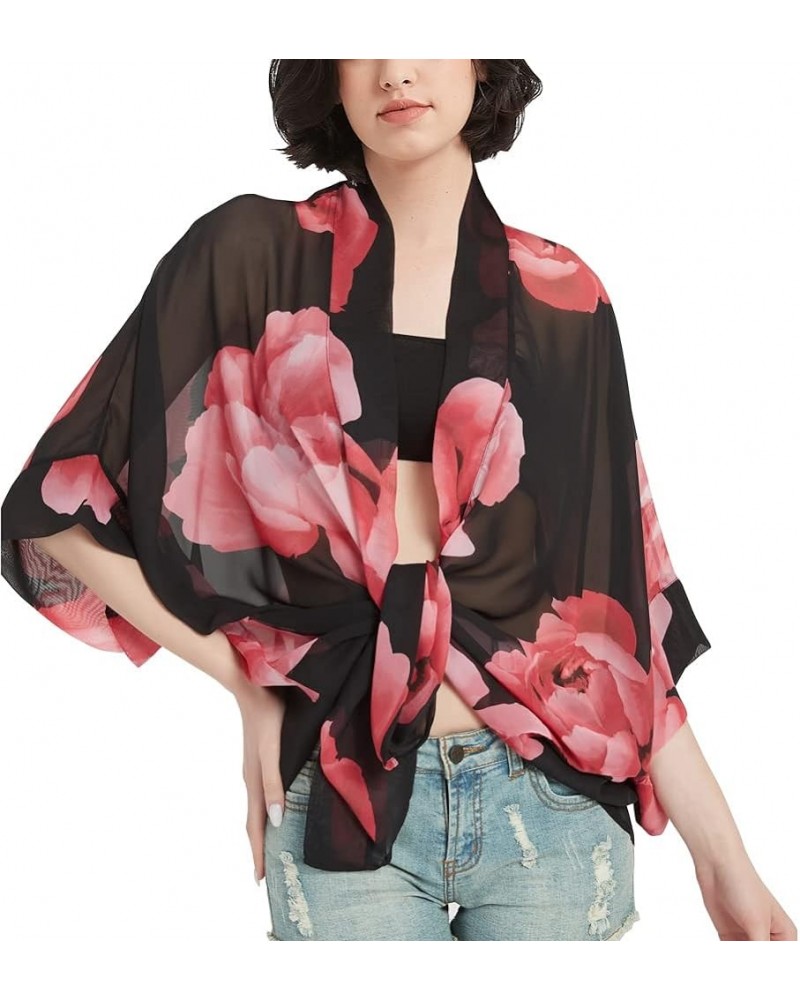 Women's Loose Print Sheer Chiffon Kimono Beach Swim Cover up Cardigan Capes Blouse Tops Black Pink Floral $11.79 Swimsuits