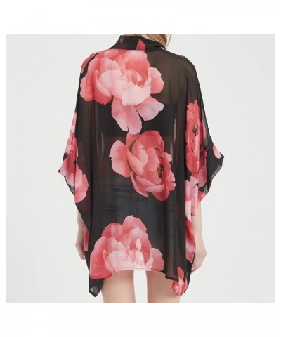 Women's Loose Print Sheer Chiffon Kimono Beach Swim Cover up Cardigan Capes Blouse Tops Black Pink Floral $11.79 Swimsuits