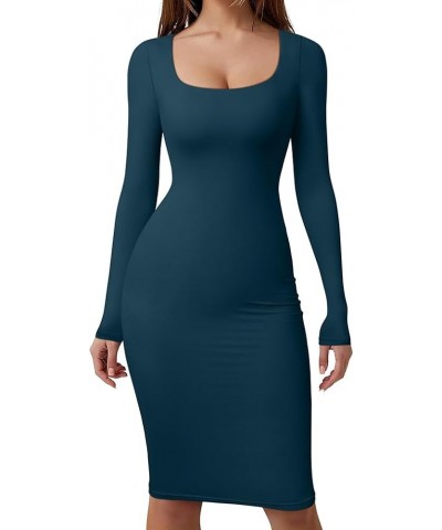 Women's Sexy Bodycon Long Sleeve Square Neck Work Party High Stretchy Midi Dress Indigoblue $13.95 Dresses