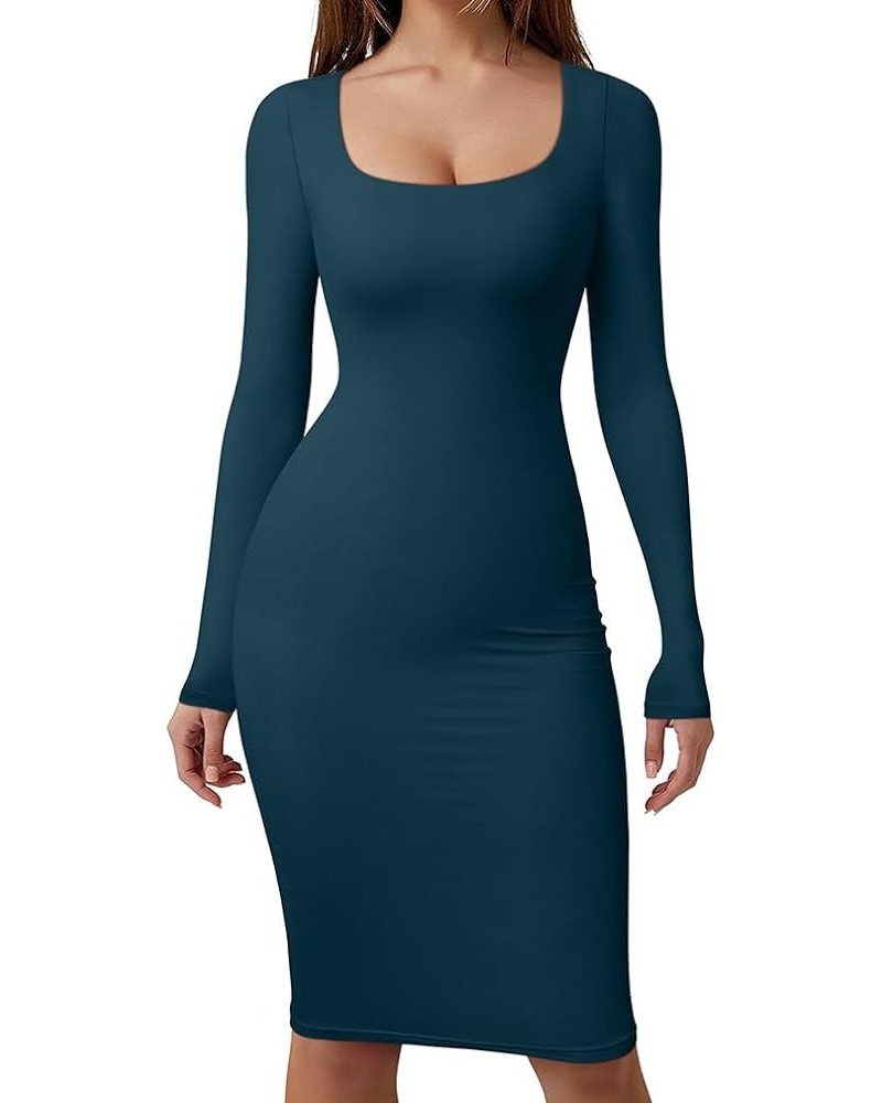 Women's Sexy Bodycon Long Sleeve Square Neck Work Party High Stretchy Midi Dress Indigoblue $13.95 Dresses