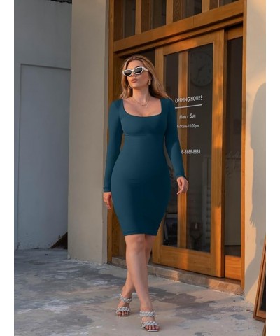 Women's Sexy Bodycon Long Sleeve Square Neck Work Party High Stretchy Midi Dress Indigoblue $13.95 Dresses